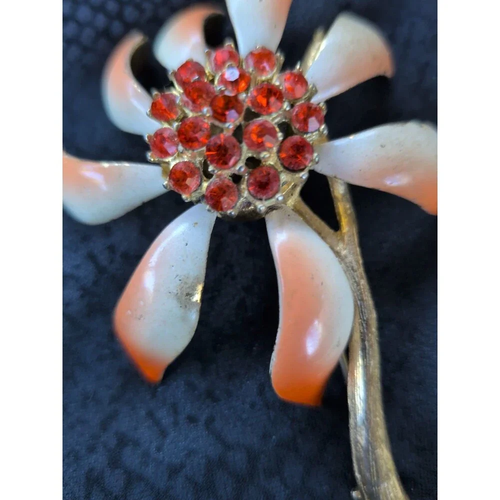 Vintage Flower Pin Brooch Orange Enamel Rhinestone Flower Power  Costume Sparkle